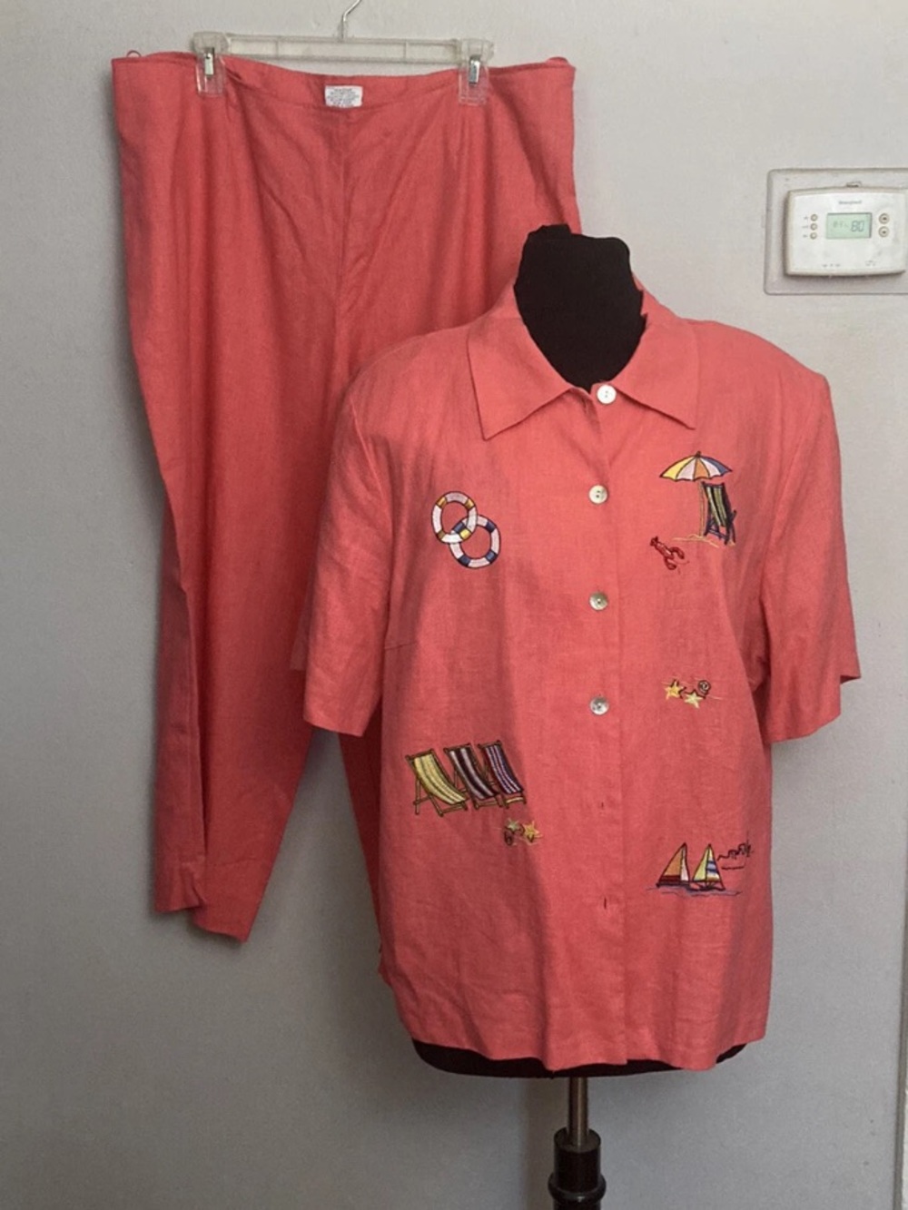 9-20 Megan Lee Pink outfit set beach theme 18w embroidered linen blend top Capri